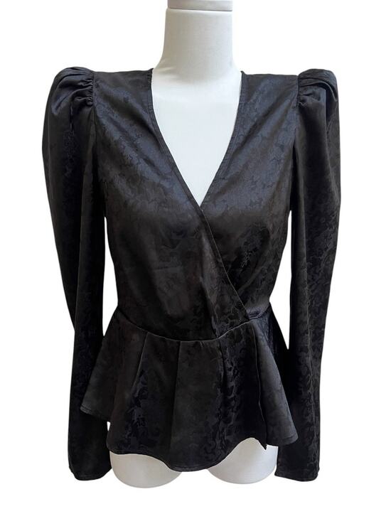 free press Tops - Free Press Satin Top Long Puff Sleeve V Neck Peplum Faux Wrap XS Floral Witchy
